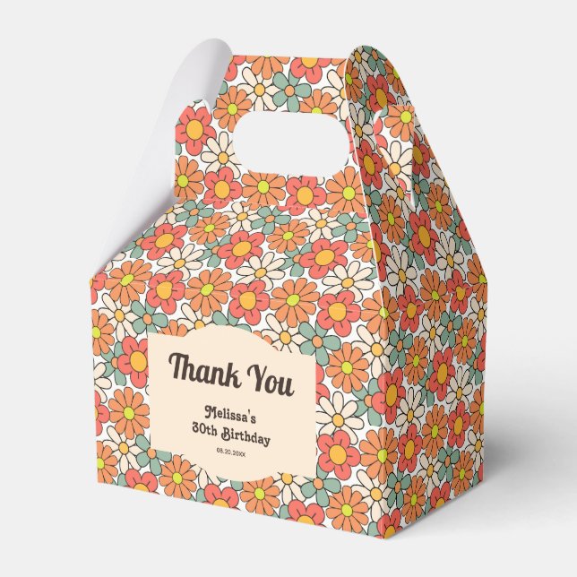 Retro Peach Orange Floral Groovy Birthday Favor Boxes (Front Side)