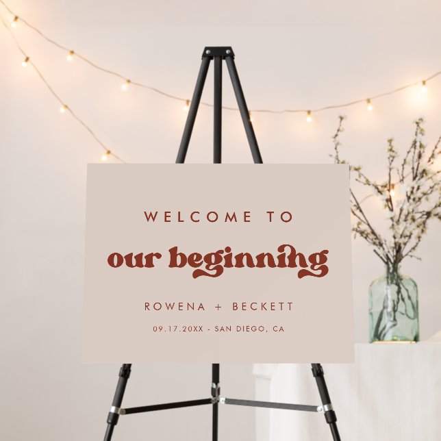 Retro Peach Pink Welcome to our Beginning Sign (In Situ (Stand))