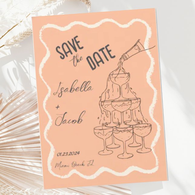 Retro Peach Wavy Champagne Tower Save the Date Invitation (Creator Uploaded)