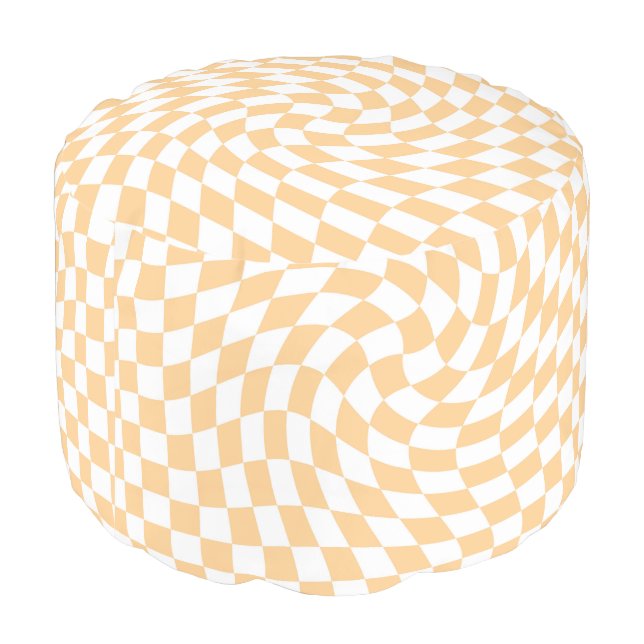 Retro Peach White Groovy Warped Check Checkered   Pouf (Angled Back)