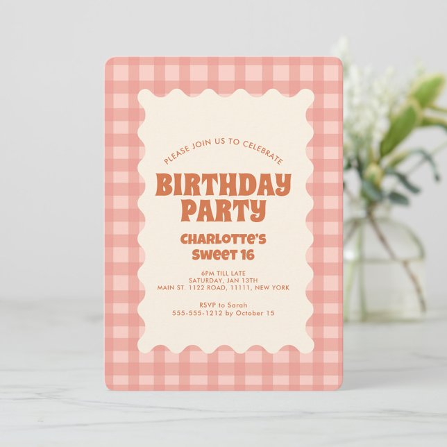 Retro Peachy Checker Sweet 16 Birthday Party  Invitation (Creator Uploaded)