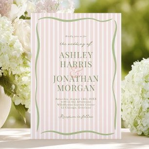 Retro Peachy Pink & Sage Striped Wedding Invitation