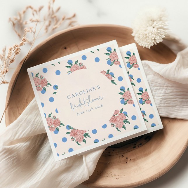 Retro Peony Floral Blue Dots Bridal Shower Custom Napkins (Creator Uploaded)