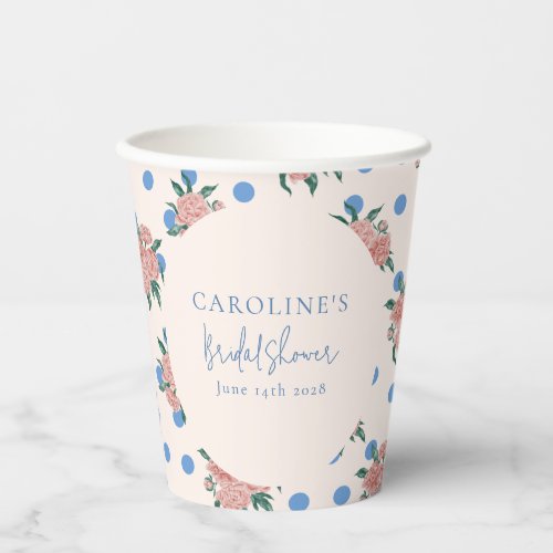 Retro Peony Floral Blue Dots Bridal Shower Custom Paper Cups