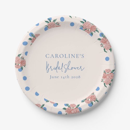 Retro Peony Floral Blue Dots Bridal Shower Custom Paper Plates