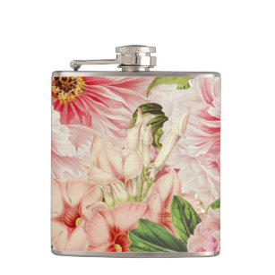 Retro Peony Flower Spring Floral Pattern Hip Flask