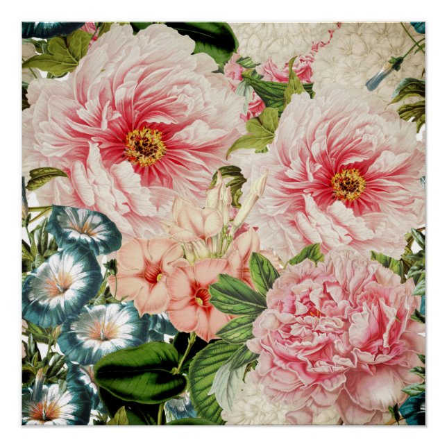 Retro Peony Flower Spring Floral Pattern Poster (Front)