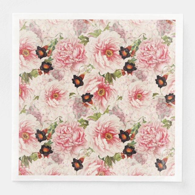 Retro Peony Flower Spring painterly Pattern Paper Dinner Napkins (Front)