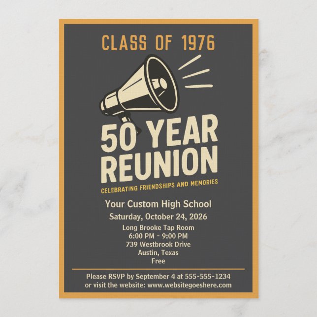 Retro Pep Rally Style 50 Year Class Reunion Invitation (Front)
