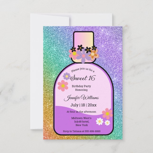 retro perfume bottle sweet 16 holographic glitters invitation (Front)