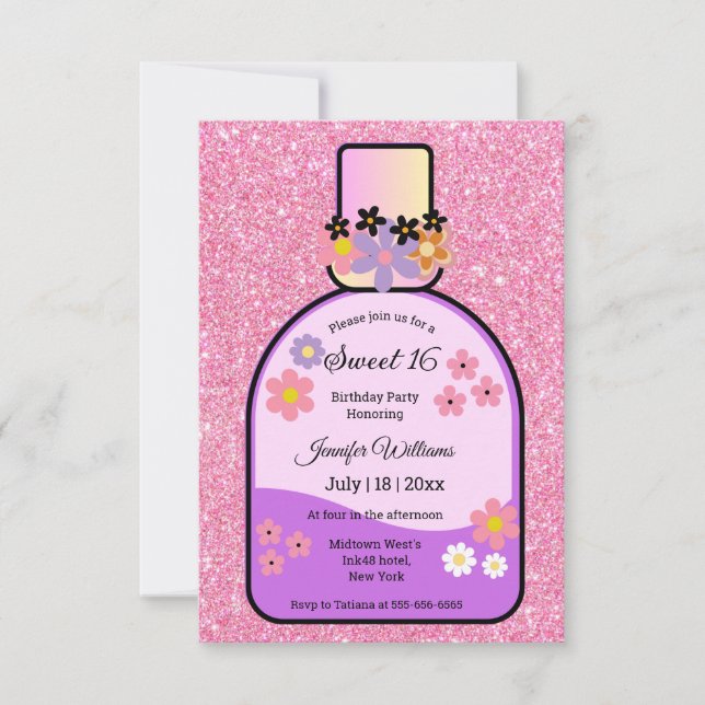retro perfume sweet 16 pink glitters floral cute invitation (Front)