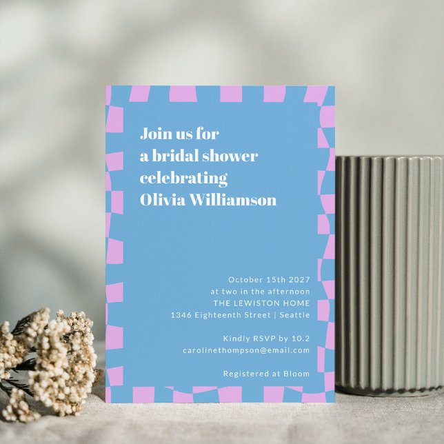 Retro Periwinkle Checkerboard Cute Bridal Shower Invitation (Creator Uploaded)