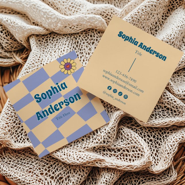 Retro Periwinkle Checkerboard with Daisy Flower Square Business Card (Creator Uploaded)