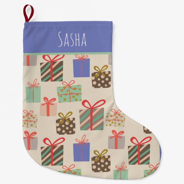 Retro Periwinkle Personalized Christmas  Large Christmas Stocking (Front)