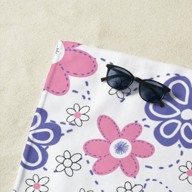Retro Periwinkle Pink Flowers Beach Towel (In Situ)