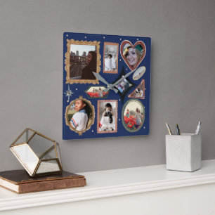 Retro Personalized 12 Photo Collage Template DIY Square Wall Clock