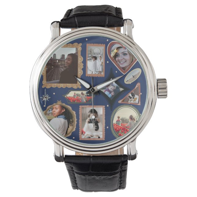 Retro Personalized 12 Photo Collage Template DIY Watch (Front)