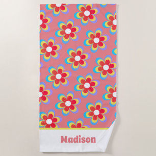 Retro Personalized 70s Flowers Beach Towel
