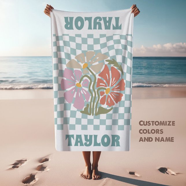 RETRO Personalized Beach Towel Name Custom Towel (turquoise back towel with custom name and flowers, retro groovy style)