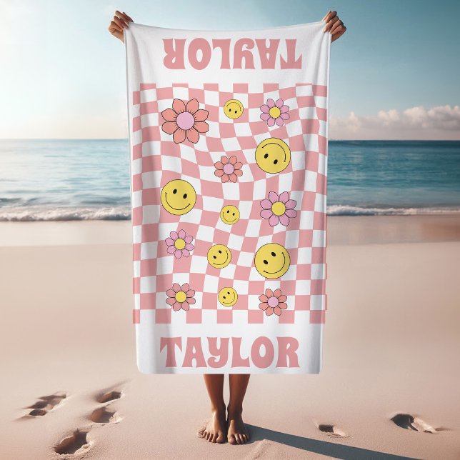 RETRO Personalized Beach Towel Name Happy Face  (Creator Uploaded)