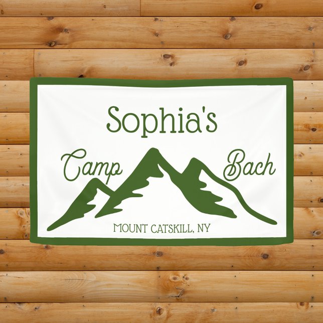 Retro Personalized Camp Bach Mountains Green  Banner (Camp Bach personalized camping bachelorette party banner)
