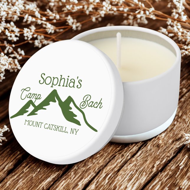 Retro Personalized Camp Bach Mountains Green  Mini Candle Favors (A stylish personalized candle favor for your Camp Bach Bachelorette)