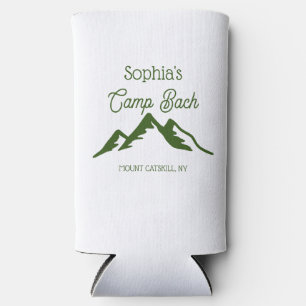 Retro Personalized Camp Bach Mountains White Seltzer Can Cooler