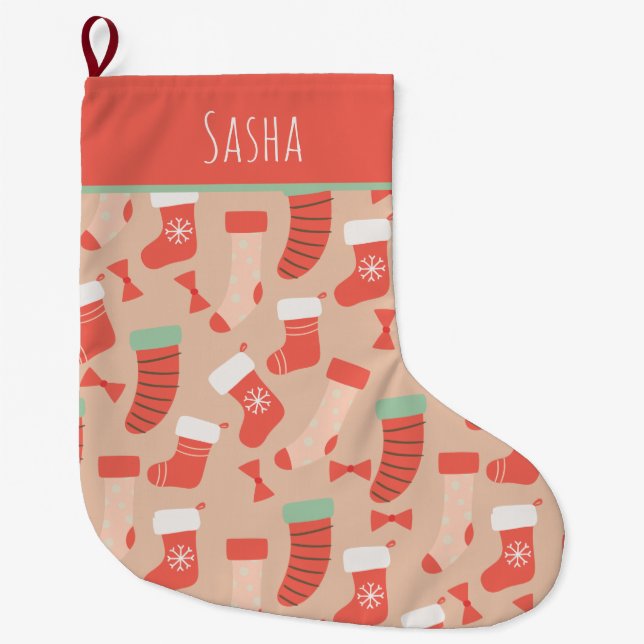 Retro Personalized Christmas Large Christmas  Large Christmas Stocking (Front)