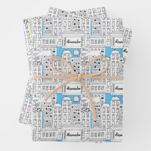 Retro Personalized City Buildings Cute Hand-Drawn Wrapping Paper Sheets