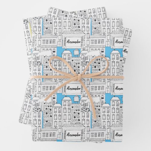 Retro Personalized City Buildings Cute Hand_Drawn Wrapping Paper Sheets