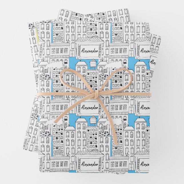 Retro Personalized City Buildings Cute Hand-Drawn Wrapping Paper Sheets (In situ)