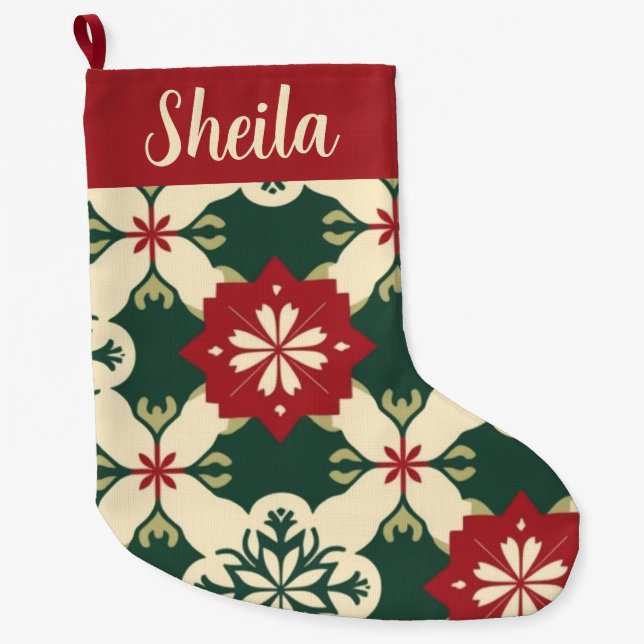Retro Personalized Red and Green Plaid  Large Christmas Stocking (Front)