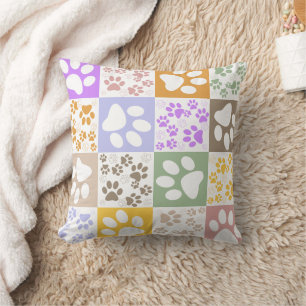 Retro Pet Paw Checkered Pattern Throw Pillow