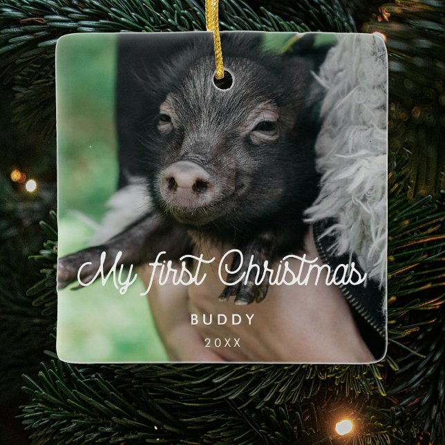 Retro Pet's First Christmas photo Ceramic Ornament (Creator Uploaded)