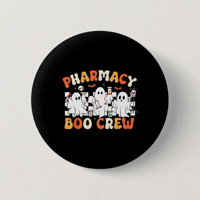 Retro Pharmacy Boo Crew Ghost Pharmacist Tech Hall Button (Front)