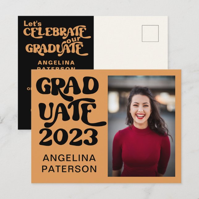 Retro Photo Black & Terracotta Graduate Party Invitation Postcard (Front/Back)