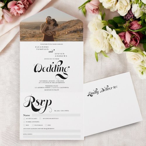 Retro photo black white script chic wedding all in one invitation