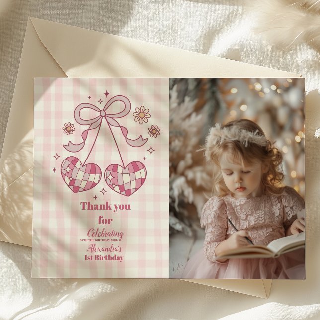 Retro Photo Cute Pink Bow Coquette 1st Birthday Thank You Card (Creator Uploaded)