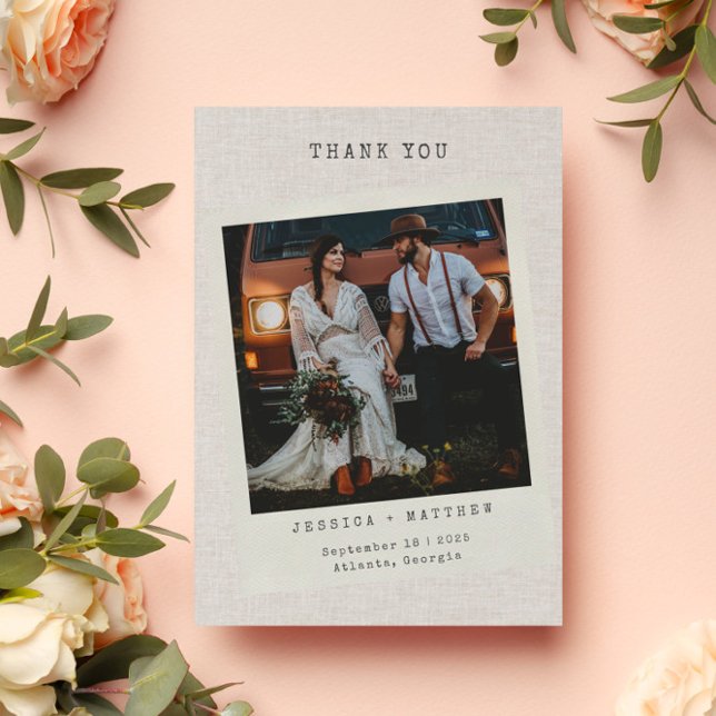 Retro Photo Faux Linen Custom Wedding Thank You Card (Creator Uploaded)