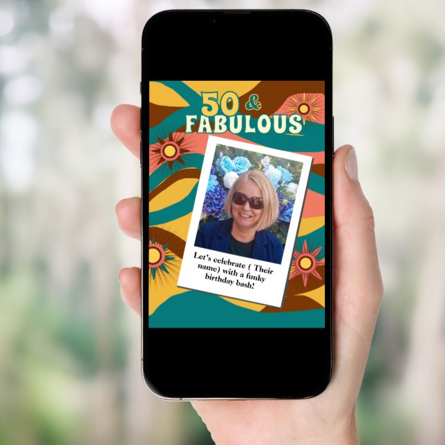 Retro photo fifty 50th birthday 70s style invitation (Front Digital)