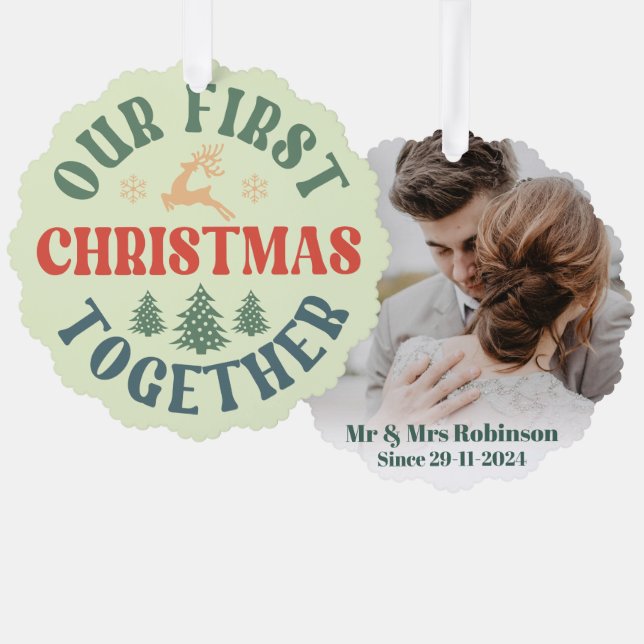 retro photo first christmas married keepsake ornament card (Front/Back)