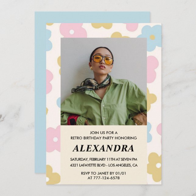 Retro Photo Floral Pattern 39th birthday Invitation (Front/Back)