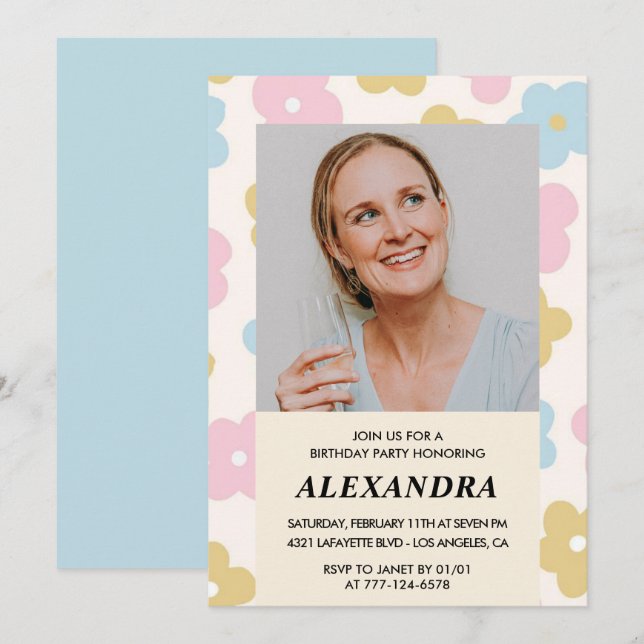 Retro Photo Floral Pattern 64th birthday Invitation (Front/Back)