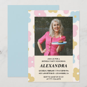 Retro Photo Floral Pattern 73rd birthday Invitation