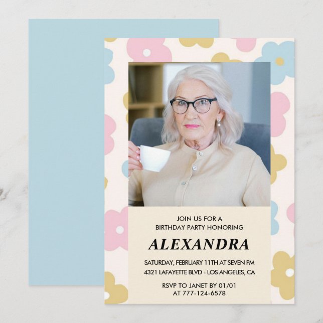 Retro Photo Floral Pattern 91st birthday Invitation (Front/Back)
