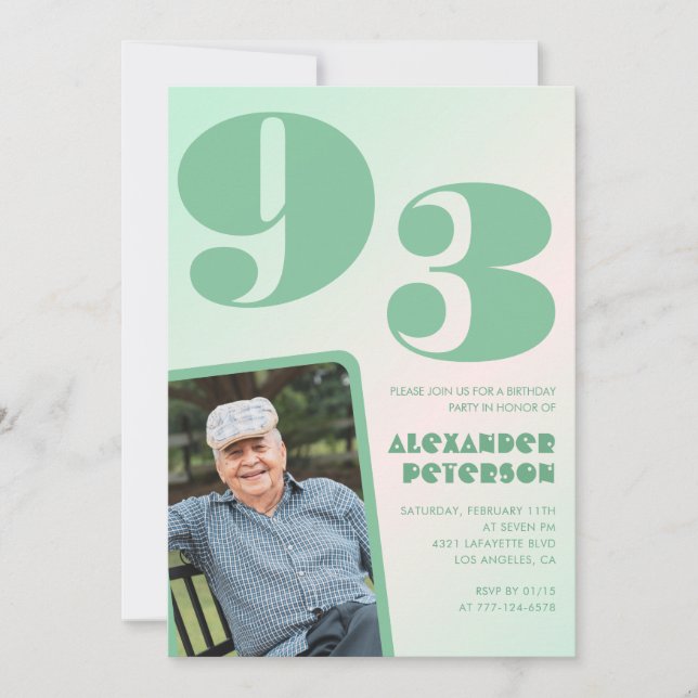 Retro Photo Green Gradient Man 93rd birthday  Invitation (Front)
