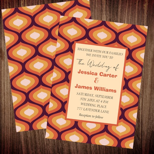 Retro Photo Groovy Vintage Orange Wedding Invitation (Creator Uploaded)