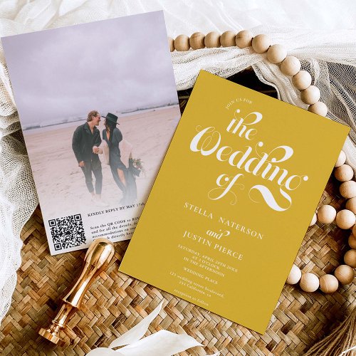 Retro photo mustard script wedding Qr code Invitation