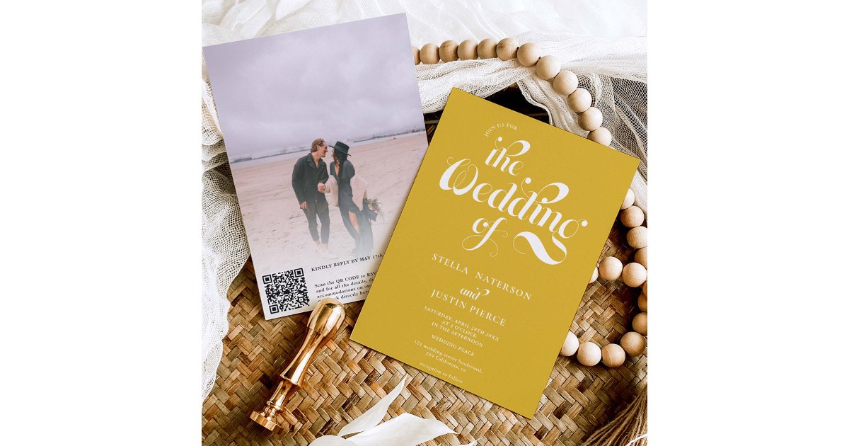 Retro photo mustard script wedding Qr code Invitation | Zazzle