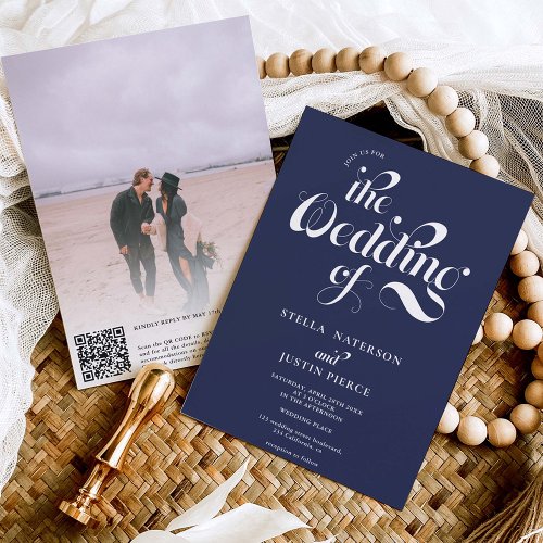 Retro photo navy blue script wedding Qr code Invitation